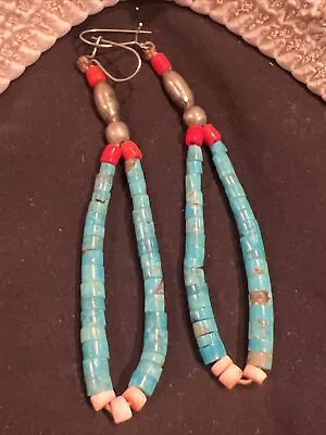 Vintage Estate Native American Turquoise Coral Heishi Earrings 3.5  • $10.50