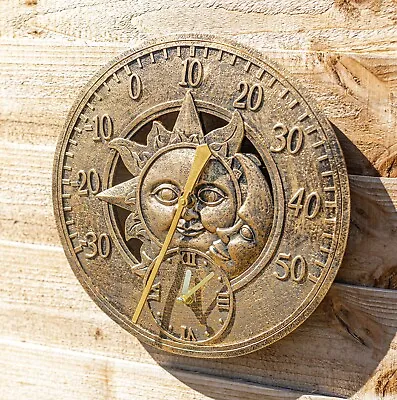 £19.59 • Buy Large Outdoor Clock Sun Moon Thermometer Garden Decor Weather Station 12'' Gold 