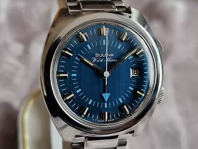 Bulova 1974 WRIST ALARM Vintage Manual Wind Watch Date 11AURCD Blue Dial Special • $600