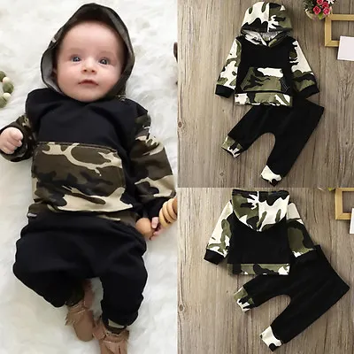 Toddler Newborn Baby Boy Camouflage Hooded Shirt Tops+Pants Outfits Clothes R • $27.78