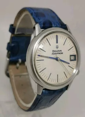 Vtg 1970s Bulova Accutron Date Tuning Fork Cal 2181F Blue Hands 35mm Gents Watch • £265