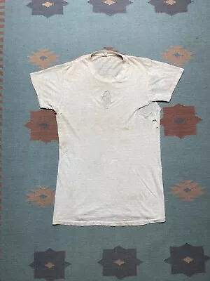 Vintage 1970s Blank White T Shirt Distressed Thrashed Soft Cotton Medium Tall • $25