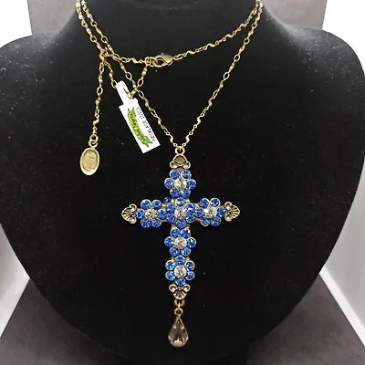 Michal Negrin Large Cross Blue Necklace Flowers With Swarovski Crystals Gift New • $71.20