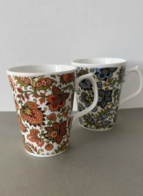 £18 • Buy Vintage Mid Century Nanrich Pottery Mugs, Jason Works, Blue, Orange Flower Power