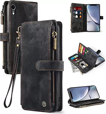 IPhone XR Case With Card Holder Slots Wallet Leather Flip Case Wristlet Zipper M • £17.99