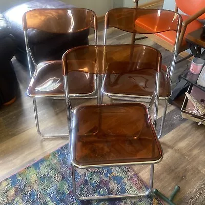 Italian Lucite MCM Seggiometal Folding Chairs (3) Amber Lucite W/ Chrome • $149