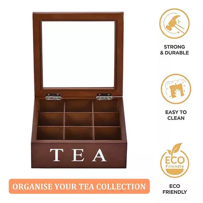 AU Wooden Tea Box 9 Compartment Tea Bag Chest Storage Organizer With Glass Lid • $38.99