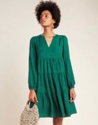 Anthropologie Maeve Tiered Lined Dress Dark Green  Sz S Boho Long Sleeves B18 • $45