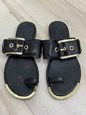 MICHAEL KORS Women's Black Leather Calder Buckle Sandals Gold Hardware Sz 5.5 • $16.14