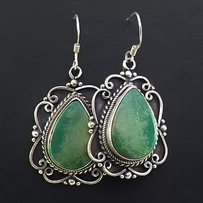 925 Sterling Silver Green Turquoise Stone Nepal Tibetan Antique Earrings Vintage • $163