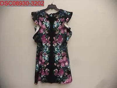 Pilling Marc Bouwer Women Black Floral Short Flutter Sleeve A-Line Scuba Dress L • $18