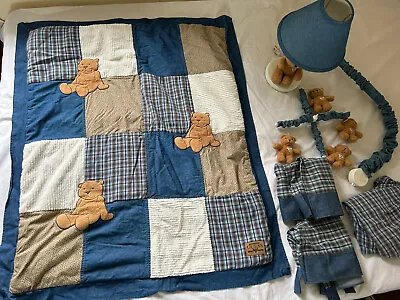 Baby Guess Vintage Nursery Crib Set Teddy Bears Blue Denim Brown Plaid 6 Pc • $79.99