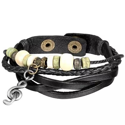 Men Women Black PU Leather Cord Rope Wrap Bracelet Charm G Clef Musical Note • $7.99