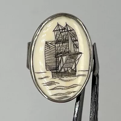 Faux Scrimshaw Silver Women's Ring With Whaling Boat Image - Size 8.5 • $25