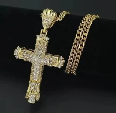 Mens Bling Hip Hop Cross Crucifix Pendant Necklace With CZ Gemstone Trapper Rap • £6.45