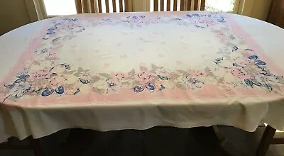 Vintage MCM Cotton Tablecloth -White With Pink & Blue-Pastels-Flowers & Fruit • $9.90