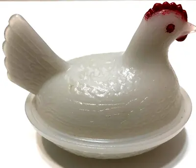 Vintage Glass Hen On Nest Candy Dish Opalescent White Early Milk Glass Red Comb1 • $24.99