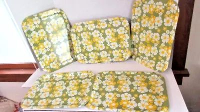 Lot Of 5 Vtg Mod Metal Snack Lap Trays Flower Power White Yellow Green • $40