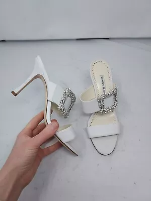 MANOLO BLAHNIK White Bridal Gable Crystal Buckle Sandal Heel EU 38.5 US 8.5  • $635