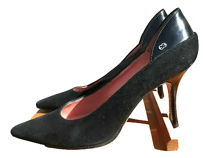 VTG ESCADA E Logo Black Suede High Heel Pumps Patent Leather Accent EU 36.5 US 6 • $30