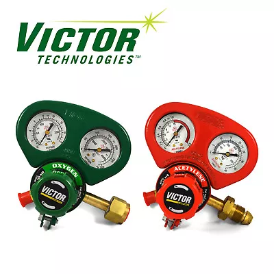 Set Of Medium Duty Victor Oxygen & Acetylene Regulators W/ Metal Gauge Guards ** • $239.98