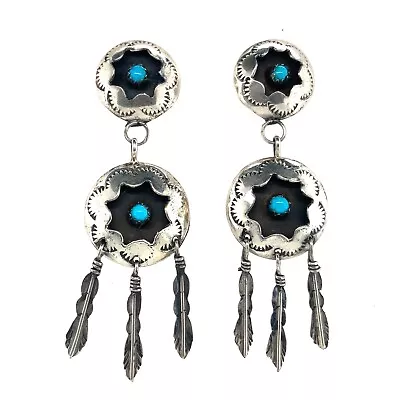 Vintage Native Turquoise Sterling Silver Shadow Box Feather Dangle Earrings • $49.95