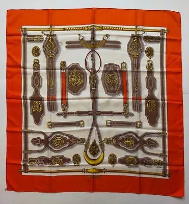 Vintage HERMES Carre 90 Scarf  Harnais Des Presidents  Silk Orange • $99