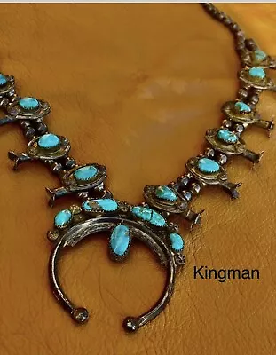 Vintage Kingman Turquoise- Sterling Silver 50 Yrs Old Squash Blossom Necklace • $699