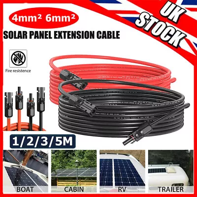 1/2/3/5M Black+Red Solar Panel Extension Cable Wire+solar Connector 4mm² 6mm² • £7.39