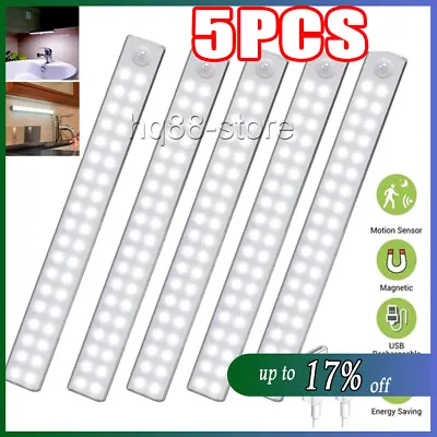 5PCS PIR Motion Sensor Strip Light Magnetic Cabinet Closet USB Rechargeable Lamp • £5.09