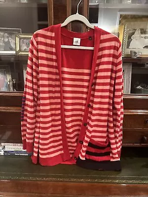 CABI Red & Pink Striped Picnic Long Cardigan Sweater Pockets Elbow Patch Sz L • $8