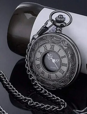 Vintage Quartz Black Pocket Watch With Chain **FAST FREE SHIPPING**UK SELLER** • £9.99