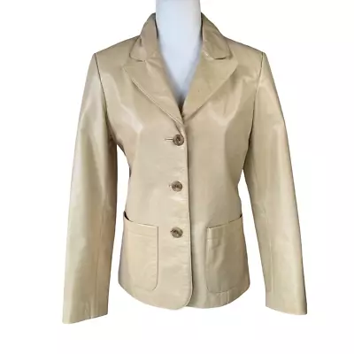 $34 • Buy Elements By Vakko Cream Button-Down Leather Blazer Jacket - Woman's Medium