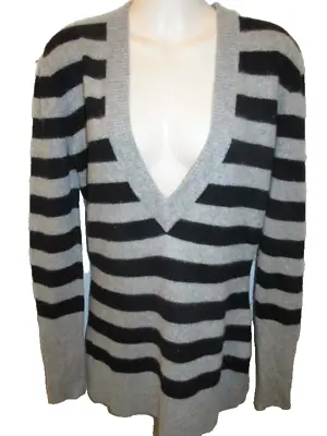 Beth Bowley 100% Cashmere Gray Black Striped Deep V-neck Sweater M May Fit S • $15.96