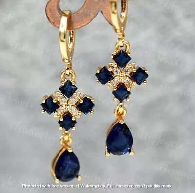 $189.22 • Buy 4.50Ct Pear & Princess Blue Sapphire Drop Dangle Earrings 14K Yellow Gold Over