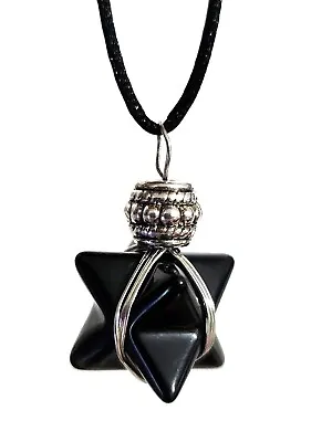 Obsidian Pendant Necklace Merkaba Beaded Star Geometry Chariot Corded Jewellery • £6.98