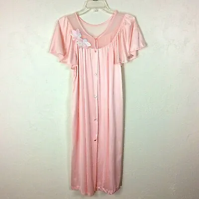 VAL MODE Robe Short Flutter Sleeve Button Front Pocket Pink Nylon Vintage M • $16.96