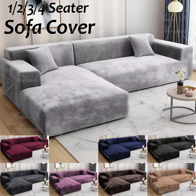 VELVET Elastic STRETCH SOFA COVERS Settee Slipcover Protector 1/2/3/4Seater UK • £28.99