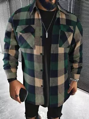 MENS Button Fluffy Lined Hoodie Cotton Coat Winter Warm Plaid  Hooded Sweatshirt • £19.99