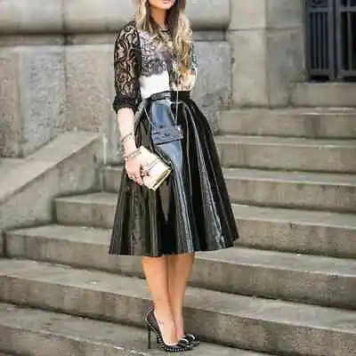 Women Sexy Latex Pleated Midi Gothic Knee Length PU Leather PVC A-Line Skirt • $27.55