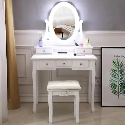 10 LED Lighted Mirror Vanity Table Set Makeup Dressing Desk 5 Drawers Wood • $127.99
