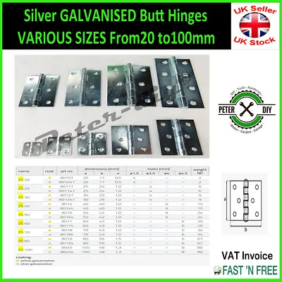 Silver GALVANISED Butt Hinges Door Cabinet Cupboard VARIOUS SIZES From20 To100mm • £1.87