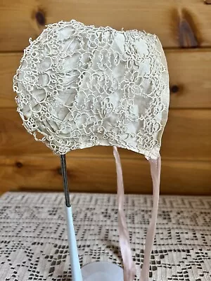 Antique Vintage Cotton Lace Silk Doll Hat Bonnet For French And German Dolls • $19.99
