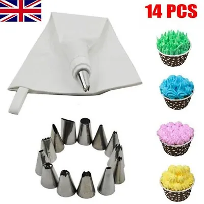 CAKE PIPING ICING CUPCAKE DECORATING COTTON BAG NOZZLE SET SUGARCRAFT CUP 14Pcs • £2.29