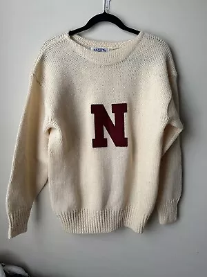 VARSITY ATHLETIC 100% Wool Letter N Vintage 92'Heavy Knit Sweater - White - 90s • $99.97
