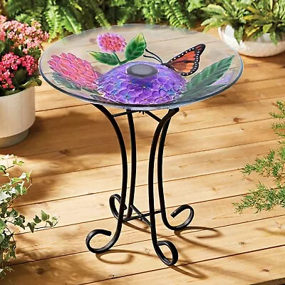 Solar Glass Bird Bath W/Metal Stand-Butterfly Summer Garden Decor Water Fountain • $71.19