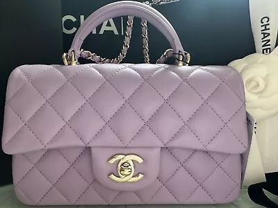 New 24P CHANEL Lilac Purple Violet  Small Mini Top Handle Flap Bag Gold RECEIPT • $8000