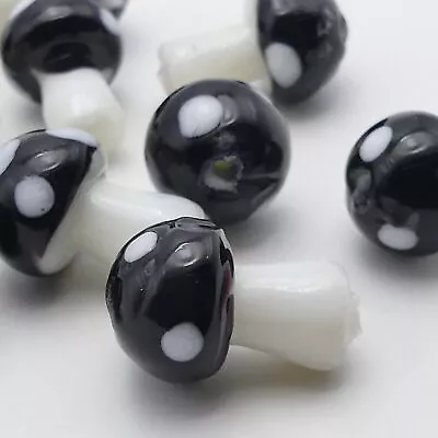 10 Black And White Handmade Glass Mushroom Beads Glass Mushroom Charms • £3.99