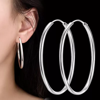 925 Sterling Silver Round Hoop Earrings Women Fashion Jewelry 3/4/5/6CM • $1.99