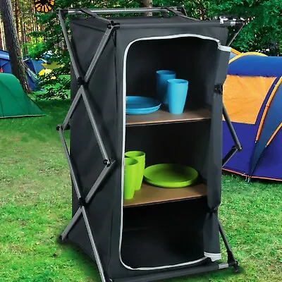 Portable Camping Storage Cabinet Folding Canvas Clothes Cupboard 2 MDF Shelves • £49.99